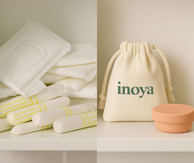 Tampons vs. Menstrual cup in a bathroom cupboard
