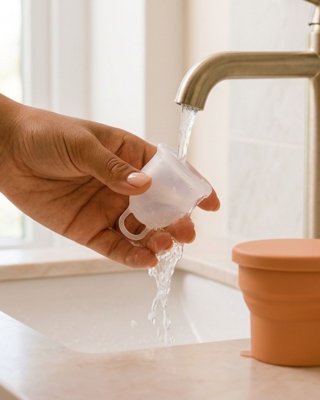 A hand holds a translucent white silicone menstrual cup under running water from a faucet, with an orange-brown silicone cup sitting on a sink counter nearby.