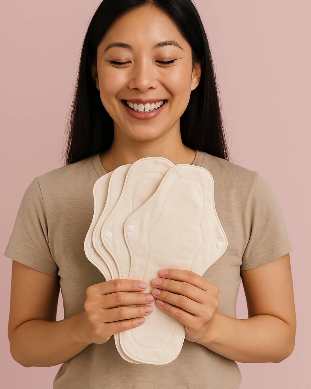 A woman holding pads with smile