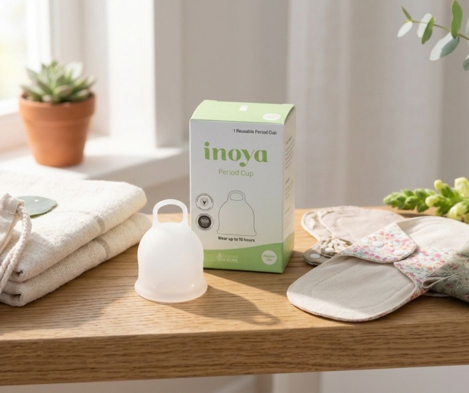 Inoya menstrual cup and its packaging box displayed on a wooden table alongside reusable pads and a small potted plant in a bright, natural setting.