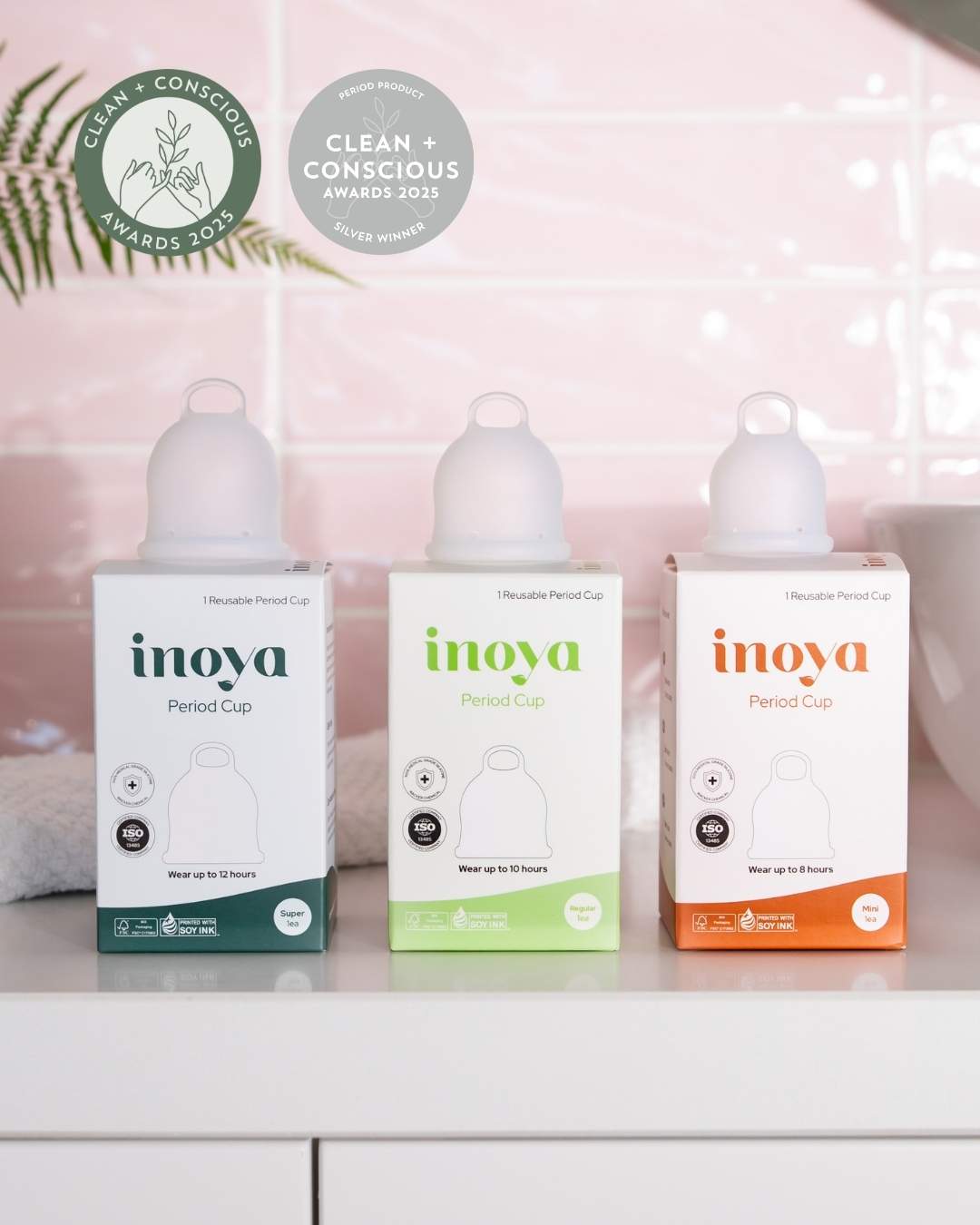Inoya menstrual cup in three different sizes