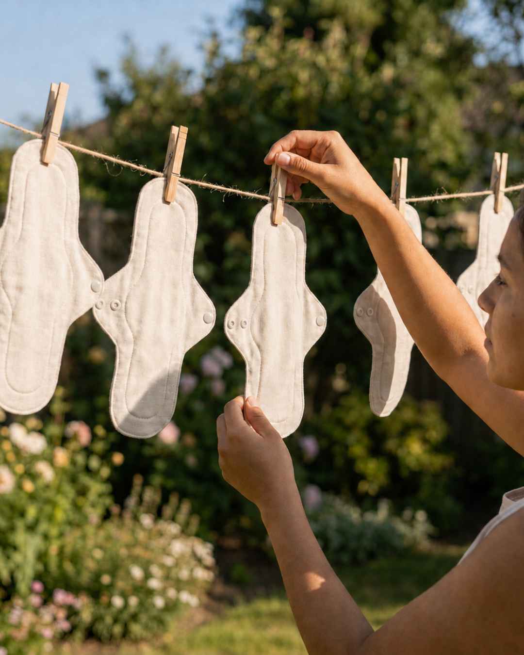 A person hanging reusable cloth menstrual pads on a string line with wooden clothespins in an outdoor garden setting.