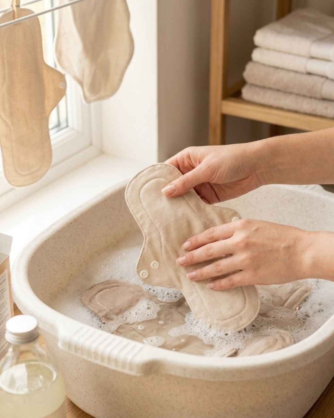 A person holds a beige reusable menstrual pad over a basin of soapy water in a bright bathroom or laundry-like setting, with folded towels and hanging reusable pads visible in the background.