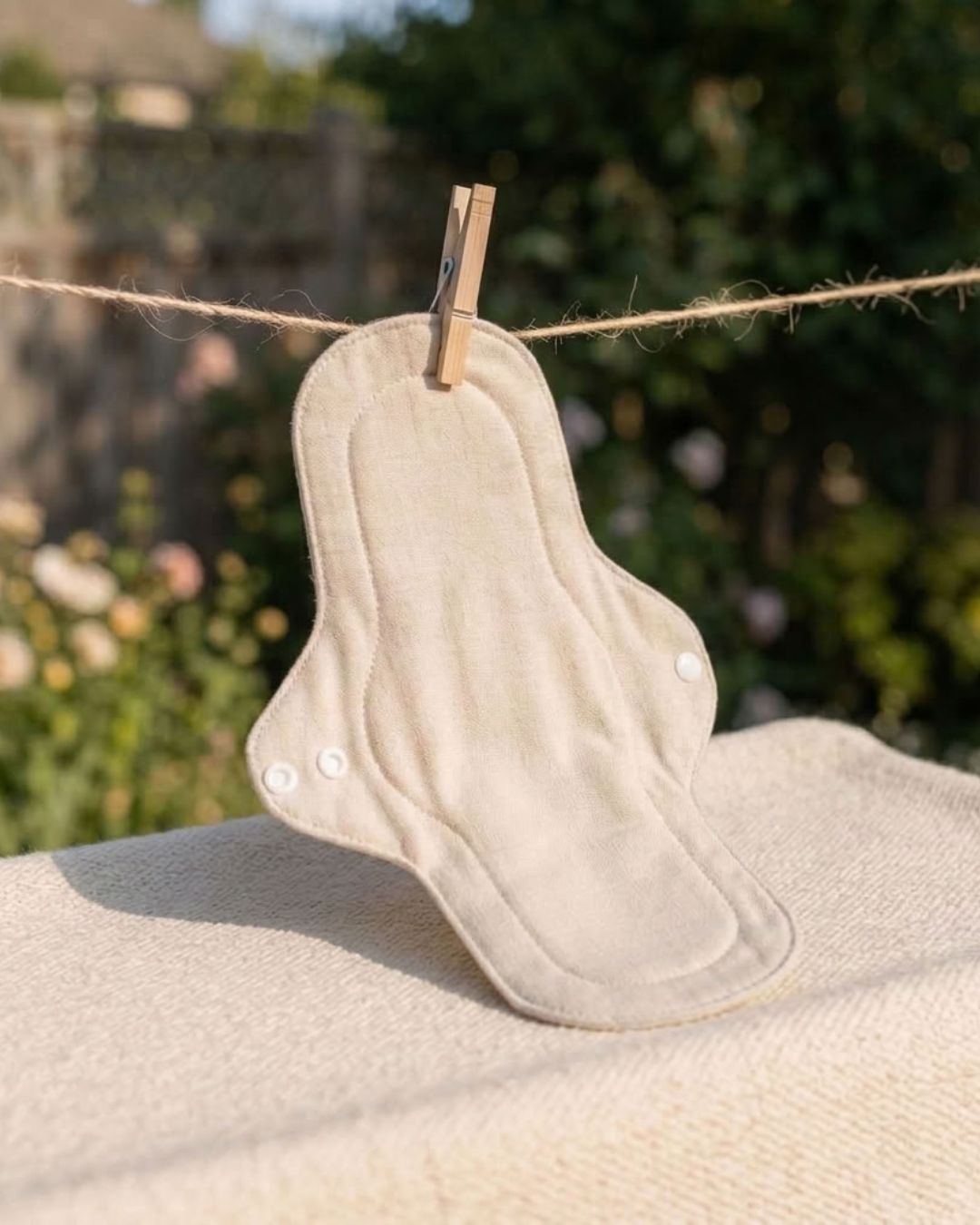 A reusable cloth pad hanging on a clothesline