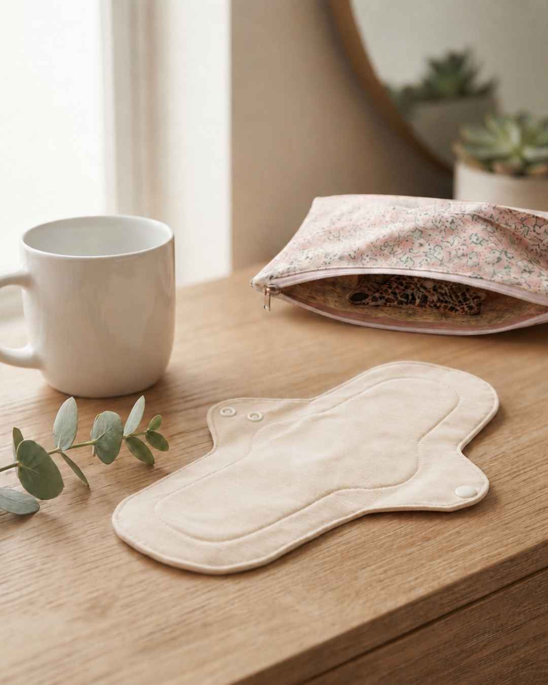 A reusable fabric menstrual pad in a light beige color is laid flat on a wooden table next to a white ceramic mug, a sprig of eucalyptus, and a floral zippered pouch.