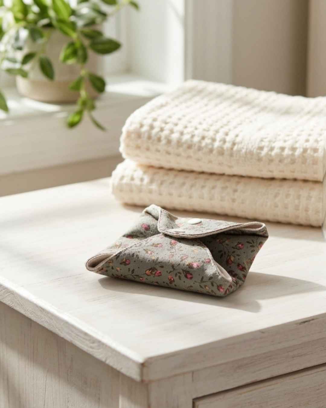 A small reusable pad with a floral print sits on a light wood table in a softly lit room, with folded cream towels stacked in the background.