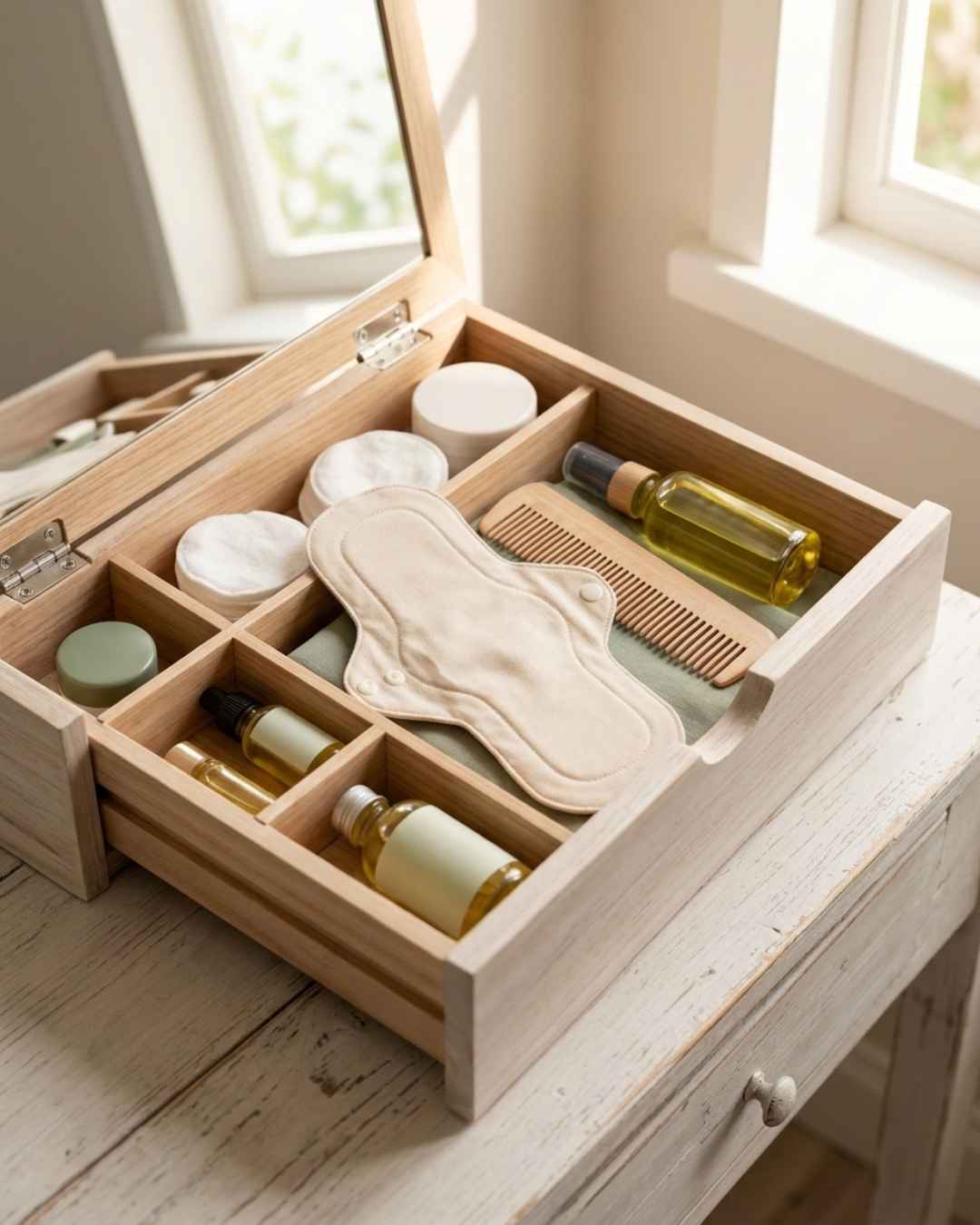 A light natural wood makeup organizer drawer with multiple compartments, shown open on a white wooden vanity table. The organizer contains skincare and beauty items including a cream eye mask, cotton pads, a cloth menstrual pad, small bottles, a wooden comb, and a gold-toned oil bottle.