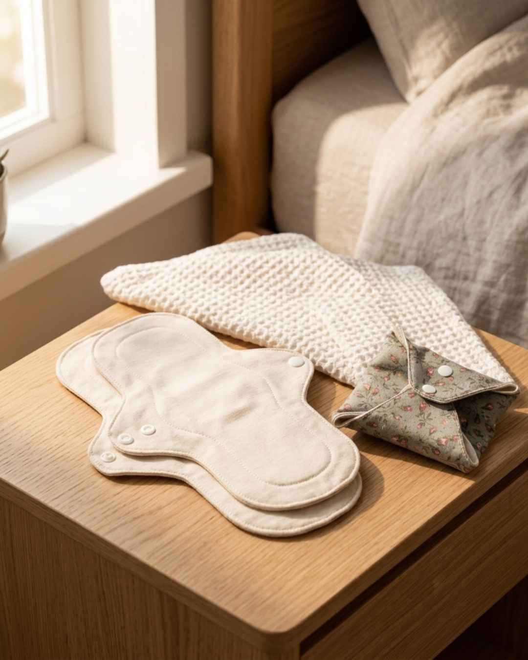 A set of reusable cloth menstrual products arranged on a wooden bedside table in a softly lit bedroom setting. The set includes cream-colored reusable pads and a small floral-patterned fabric pouch.